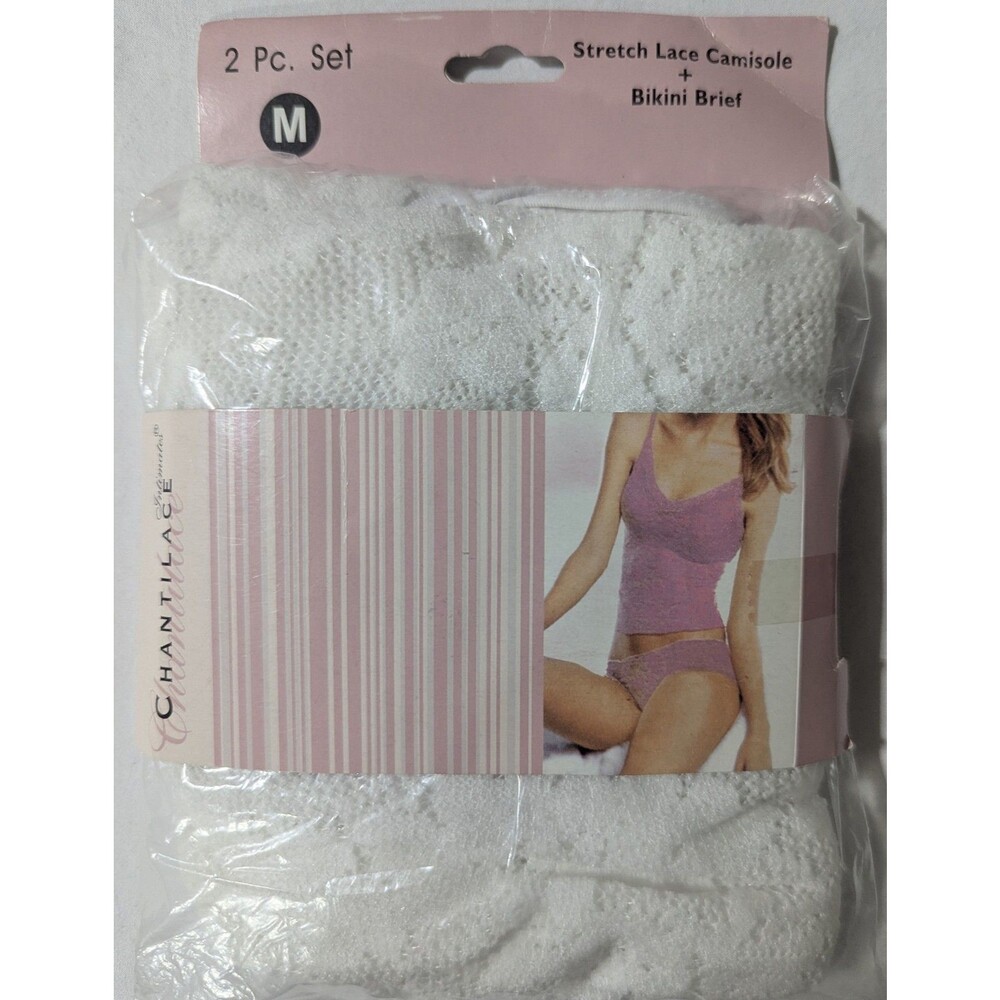 Chantilace Intimates 2 Pc Set Stretch Lace Camisole & Bikini Brief White M
